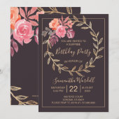 Invitation Fête D'Anniversaire Florale Rose Bourgogne Sur Ard (Devant / Derrière)