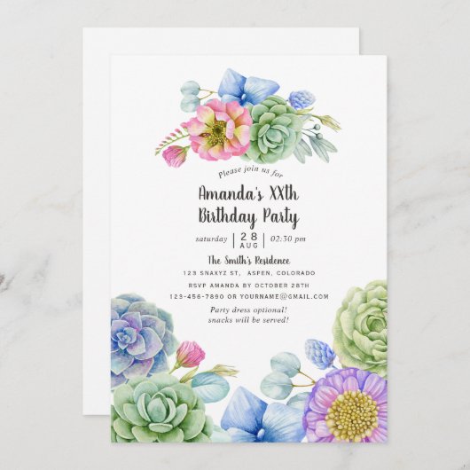 Invitation Fête d'anniversaire florale succulente tendance (Devant / Derrière)