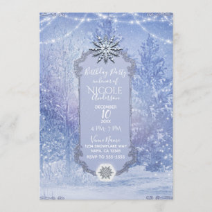 Invitation Fête d'anniversaire Forêt d'hiver Pins Flocons de 