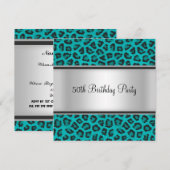 Invitation Fête d'anniversaire fourrure léopard sarcelle (Devant / Derrière)