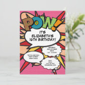Invitation Fête d'anniversaire fun moderne rose bande dessiné (Debout devant)