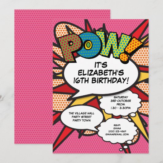 Invitation Fête d'anniversaire fun moderne rose bande dessiné (Devant / Derrière)