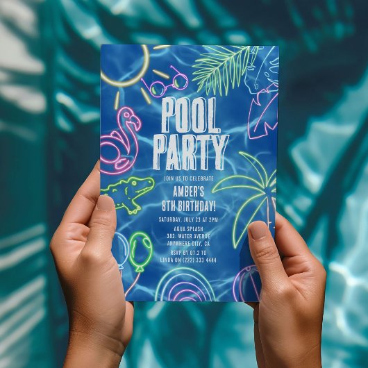 Invitation Fête d'anniversaire Fun Neon Piscine