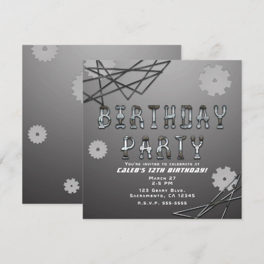 Invitation Fête d'anniversaire Fun Robot Engrenages Futuriste (Devant / Derrière)