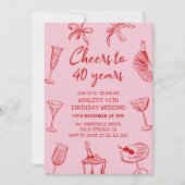 Invitation Fête d'anniversaire funky 40 ans dessinée à la mai (Devant)