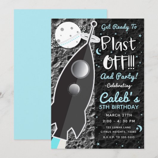 INVITATION FÊTE D'ANNIVERSAIRE FUSÉE SPATIALE POUR ALLER SUR (Devant / Derrière)