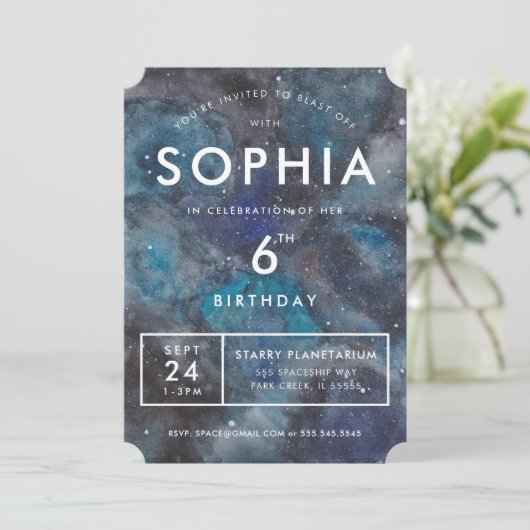 Invitation Fête d'anniversaire Galaxie spatiale en bleu (Debout devant)