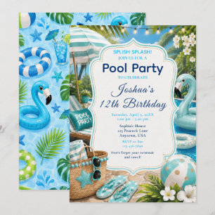 Invitation Fête d'anniversaire garçon à la piscine bleue