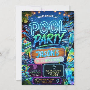 Invitation Fête d'anniversaire garçon à la piscine néon d'été