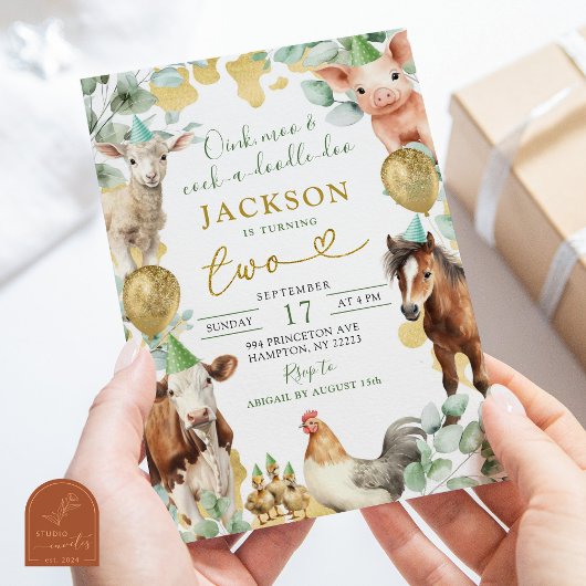 Invitation Fête d'anniversaire garçon animaux de ferme feuill