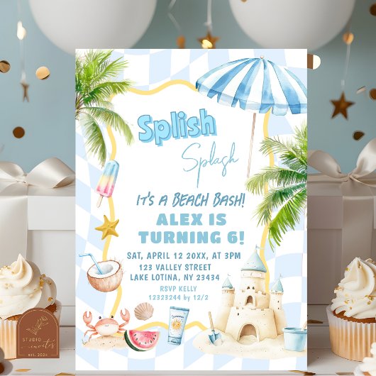 Invitation Fête d'anniversaire garçon bleu Groovy Beach Party