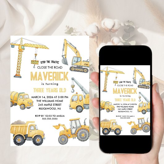 Invitation Fête d'anniversaire garçon construction camion ben