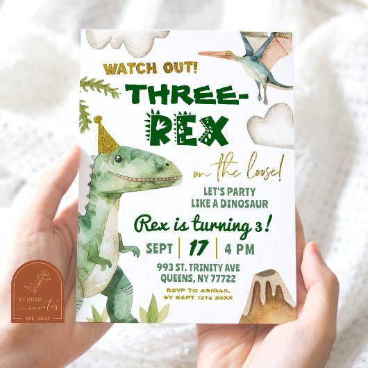 Invitation Fête d'anniversaire garçon dinosaure Trois-Rex 3 a