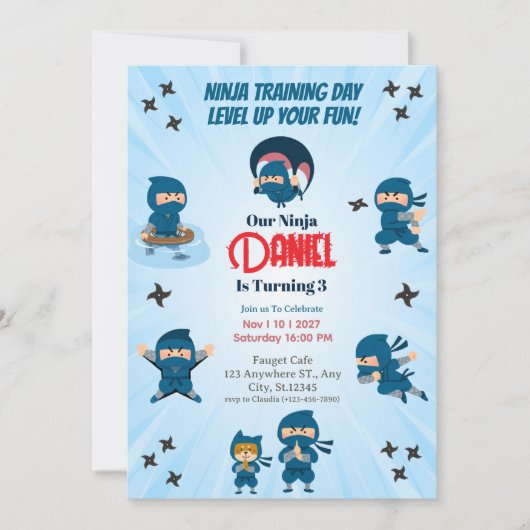 Invitation Fête d'anniversaire garçon Escouade Ninja Bleu Mig (Devant)