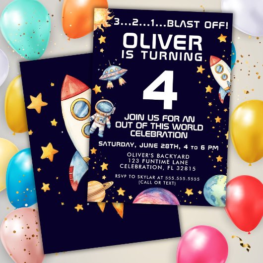 Invitation Fête d'anniversaire garçon fusée spatiale moderne