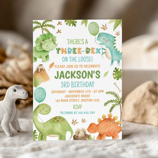 Invitation Fête d'anniversaire garçon mignon dinosaure trois-