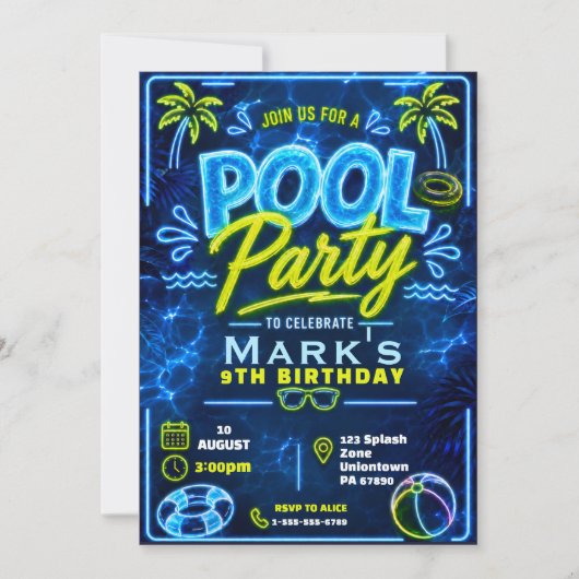 Invitation Fête d'anniversaire garçon Neon Pool Party (Devant)