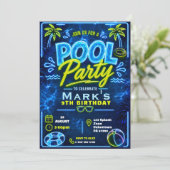 Invitation Fête d'anniversaire garçon Neon Pool Party (Debout devant)
