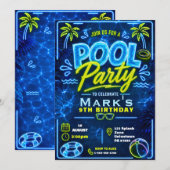Invitation Fête d'anniversaire garçon Neon Pool Party (Devant / Derrière)