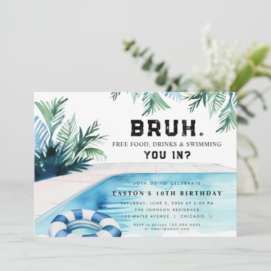 Invitation Fête d'anniversaire garçon piscine (Debout devant)