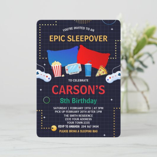 Invitation Fête d'anniversaire garçon soirée pyjama jeu vidé (Debout devant)