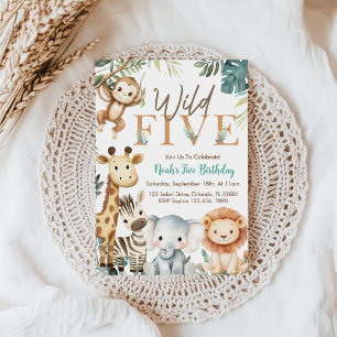 Invitation Fête d'anniversaire garçon thème cinq animaux sauv