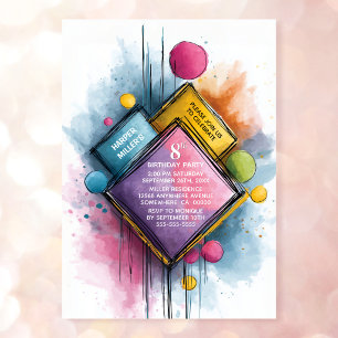 Invitation Fête d'anniversaire géométrique aquarelle colorée