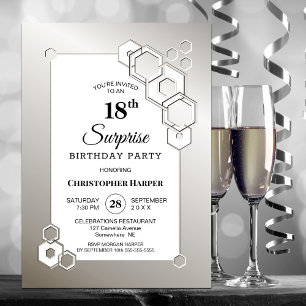 Invitation Fête d'anniversaire géométrique argentée surprise 