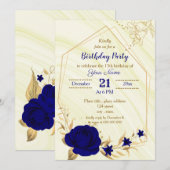 Invitation fête d'anniversaire géométrique bleu royal or flor (Devant / Derrière)