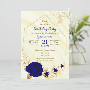 Invitation fête d'anniversaire géométrique bleu royal or flor