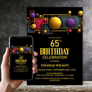 Invitation Fête d'anniversaire géométrique colorée de 65 ans