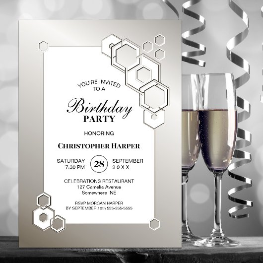 Invitation Fête d'anniversaire géométrique en argent