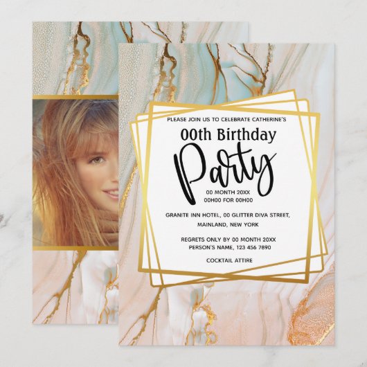 Invitation Fête d'anniversaire géométrique en granit d'or de (Devant / Derrière)