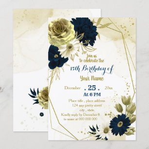 Invitation Fête d'anniversaire géométrique en ivoire fleurie