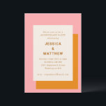 Invitation Fête d'anniversaire géométrique moderne rose et or<br><div class="desc">Cette invitation contemporaine à la fête d'anniversaire présente un design audacieux et vibrant avec une palette de couleurs rose et orange frappante. La disposition du texte est propre et organisée, mettant l'accent sur les noms du couple dans une police serif moderne avec des teintes chaudes dorées. Les blocs de couleur...</div>