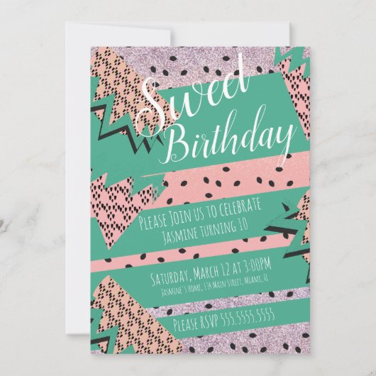 Invitation Fête d'anniversaire géométrique pastèque paillette (Devant)
