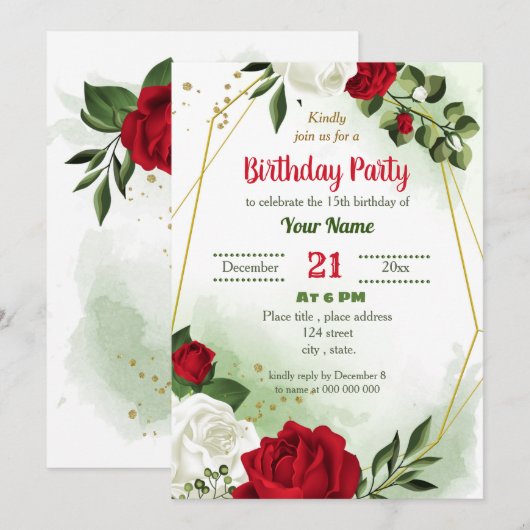 Invitation fête d'anniversaire géométrique rouge blanc fleuri (Devant / Derrière)