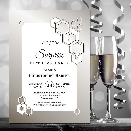 Invitation Fête d'anniversaire géométrique surprise Argent