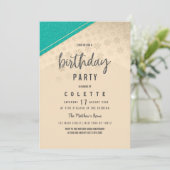 Invitation Fête d'anniversaire géométrique turquoise or flora (Debout devant)
