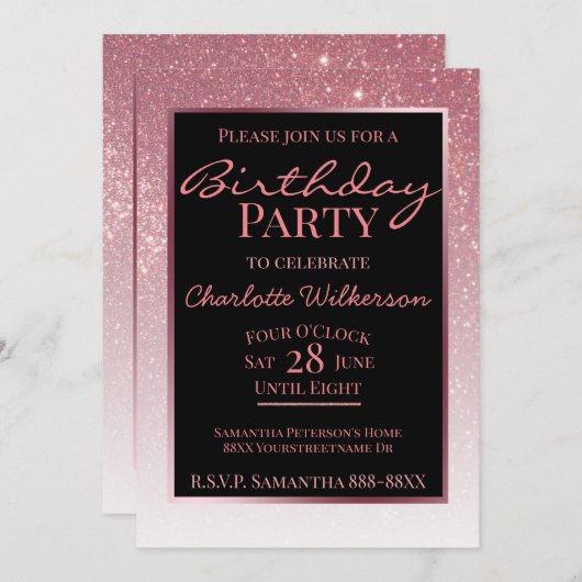 Invitation Fête d'anniversaire girly glamour rose pailleté (Devant / Derrière)