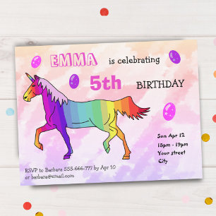 Invitation Fête d'anniversaire girly licorne arc-en-ciel mign