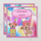 Invitation Fête d'anniversaire Girly mignonne de nounours (Devant / Derrière)