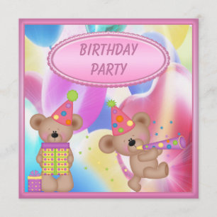 Invitation Fête d'anniversaire Girly mignonne de nounours