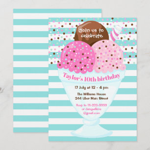 Invitation Fête d'anniversaire glace rose et turquoise