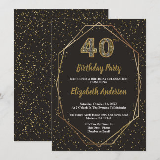 Invitation Fête d'anniversaire Glam Black Gold 40 ans