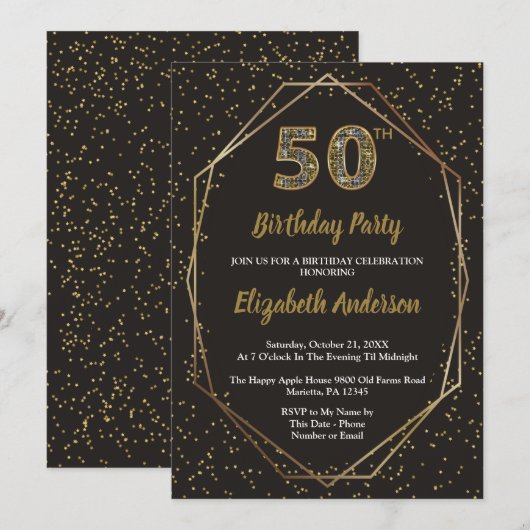 Invitation Fête d'anniversaire Glam Black Gold 50 ans (Devant / Derrière)