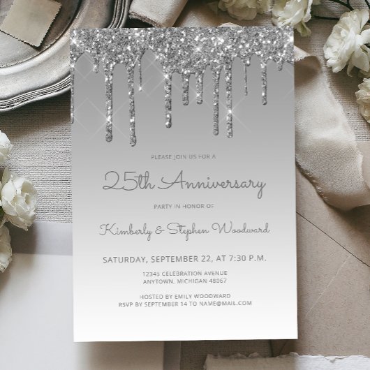 Invitation Fête d'anniversaire Glam Glitter Drip Silver 25ème