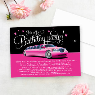 Invitation Fête d'anniversaire Glam Pink Limo