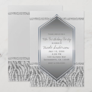 Invitation Fête d'anniversaire Glamour Argent Zèbre Blanc Tou