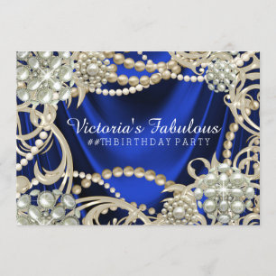 Invitation Fête d'anniversaire Glamour Bleu Royal Perle